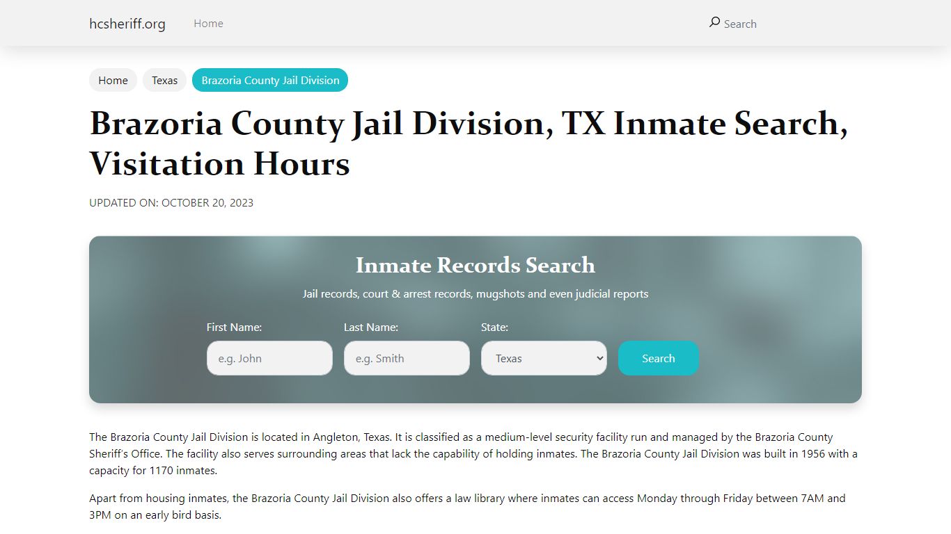 Brazoria County Jail Division, TX Inmate Search, Visitation Hours